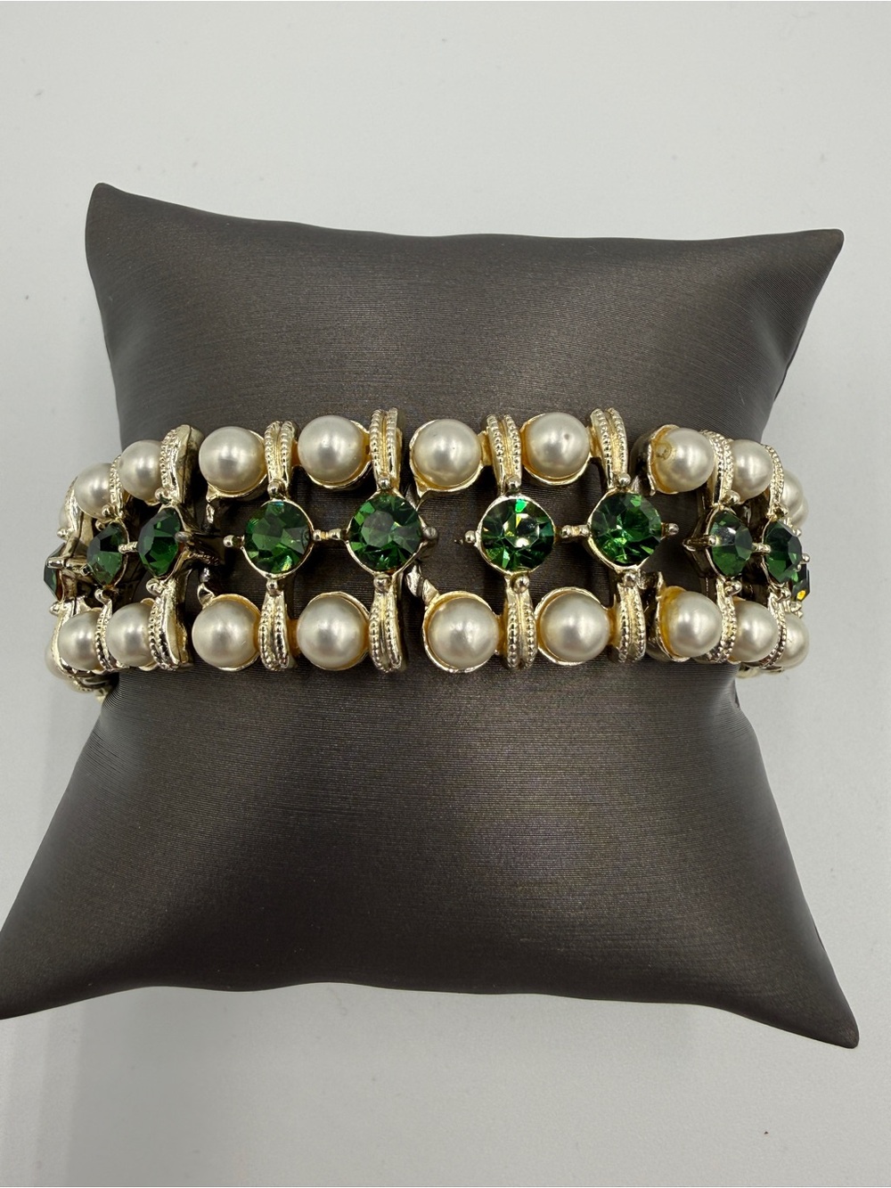 Gold-Tone Pearl Bracelet with Green Crystal Accents